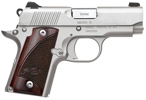 Picture of Kimber Mfg, Inc Micro 9 9mm Luger 7+1 3.15" Match Grade Barrel, Satin Silver Stainless Steel Serrated Slide, Satin Silver Aluminum Frame w/Beavertail, Rosewood Grip 3300158