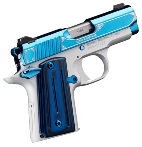 Picture of Kimber America Micro 9 Sapphire, Single Action, Semi-automatic, Metal Frame Pistol, Sub-Compact, 9MM, 3.15" Barrel, Stainless Steel Match Grade Barrel, Aluminum, PVD Finish, Bright Blue and Satin Silver, G10 Grips, Tritium Night Sights, Ambidextrous Manual Safety, 7 Rounds, Ambidextrous 3300111