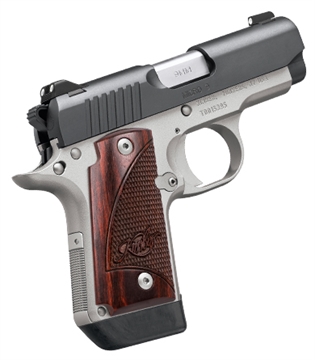 Picture of Kimber America Micro 9 Two-Tone, Single Action, Semi-automatic, Metal Frame Pistol, Sub-Compact, 9MM, 3.15" Barrel, Stainless Steel Match Grade Barrel, Aluminum, Matte Finish, Black and Silver, Rosewood Grips, White Dot Sights, Manual Safety, 7 Rounds, Right Hand 3300099