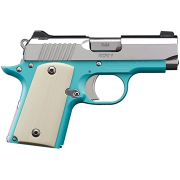 Picture of Kimber America Micro 380, Single Action, Semi-automatic, Metal Frame Pistol, Sub-Compact, 380 ACP, 2.75" Barrel, Stainless Steel Match Grade Barrel, Aluminum, Polished Finish, Bel Air Blue, Micarta Grips, Tritium Night Sights, Manual Safety, 7 Rounds, Right Hand 3300210