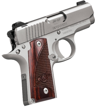 Picture of Kimber America Micro 380, Single Action, Semi-automatic, Metal Frame Pistol, Sub-Compact, 380 ACP, 2.75" Barrel, Stainless Steel Match Grade Barrel, Aluminum, Satin Finish, Silver, Rosewood Grips, Tritium Night Sights, Manual Safety, 7 Rounds, Right Hand 3300207