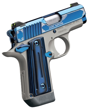Picture of Kimber Mfg.,inc Micro Sapphire NS 380 ACP 7+1 2.75" Polished Bright Blue PVD Coating Cut Scroll Engraving and Border Stainless Steel Thin blue/black ball-milled G-10 Grip 3300090