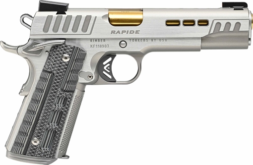 Picture of Kimber Mfg.,inc Rapide Dawn 45 ACP 8+1 5" Gold TiN Stainless Steel Barrel, Lightening Cut/Serrated Stainless Steel Slide, Stainless Steel Frame w/Beavertail, Black & Gray G10 Grip 3000423