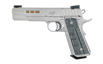 Picture of Kimber America Rapide Dawn, Semi-automatic, 1911, Full Size, 9MM, 5" Barrel, Gold TiN Finish, Brushed Stainless Finish, Silver, TRUGLO TFX Tritium/Fiber-Optic Day/Night Sights, Black/Gray G10 Grips, Manual Safety, 9 Rounds, 1 Magazine, California Compliant 3000420CA