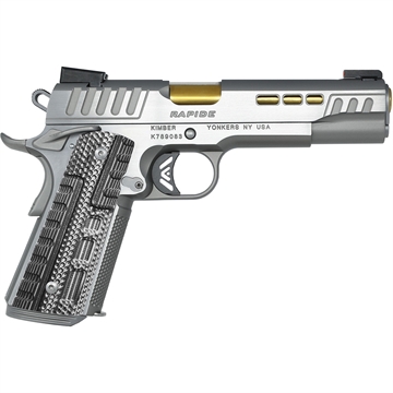 Picture of Kimber Mfg.,inc Rapide Dawn 10mm Auto 8+1 5" Gold TiN Stainless Steel Barrel, Lightening Cut/Serrated Stainless Steel Slide, Stainless Steel Frame w/Beavertail, Black & Gray G10 Grip 3000424