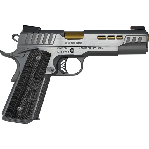 Picture of Kimber Mfg.,inc Rapide Dawn 9mm Luger 9+1 5" Gold TiN Stainless Steel Barrel, Lightening Cut/Serrated Stainless Steel Slide, Stainless Steel Frame w/Beavertail, Black & Gray G10 Grip 3000420