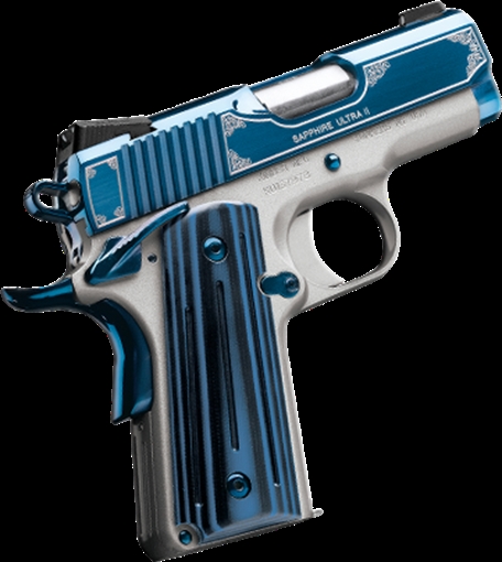 Picture of Kimber Mfg, Inc Ultra II 45 ACP 7+1 3" Stainless Match Grade Barrel, Engraved Sapphire Blue PVD Serrated Stainless Steel Slide, Satin Silver Aluminum Frame w/Beavertail, G10 Grip 3200362
