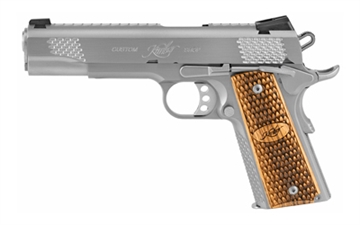 Picture of Kimber America Raptor II Cali, 1911, Semi-automatic, Metal Frame Pistol, Full Size, 45 ACP, 5" Barrel, Carbon Steel Match Grade Barrel, Stainless Steel, Brushed Finish, Silver, Zebrawood Grips, Tritium Night Sights, Ambidextrous Manual Safety, 8 Rounds, Ambidextrous, California Compliant 3200181CA