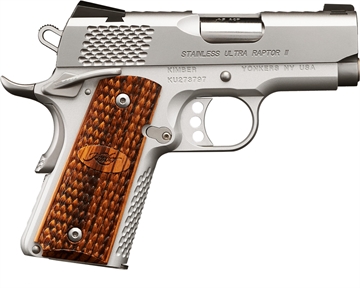 Picture of Kimber America STAINLESS ULTRA RAPTOR II, 1911, Semi-automatic, Compact, 45 ACP, 3" Barrel, Matte Finish, Silver, Wood Grips, Night Sights, 7 Rounds 3200375