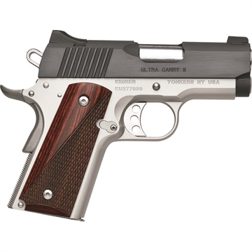 Picture of Kimber America Ultra Carry II Two-Tone, 1911, Semi-automatic, Metal Frame Pistol, Sub-Compact, 45 ACP, 3" Barrel, Stainless Steel Match Grade Barrel, Aluminum, Satin Finish, Silver, Rosewood Grips, White Dot Sights, Manual Safety, 8 Rounds, Right Hand 3200321