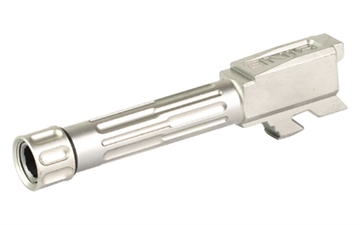 Picture of LanTac USA LLC 9INE Barrel, Fluted, 1/2-28 Thread Pattern, Fits Glock 43/43x, Stainless Steel, Silver, Includes Matching Thread Protector 01-GB-G43-TH-SS