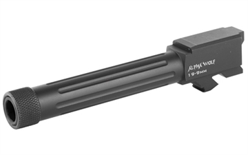 Picture of Lone Wolf Distributors AlphaWolf Barrel, 9MM, Salt Bath Nitride Coated, Threaded/Fluted, 416R Stainless Steel, 1/2x28 TPI, Fits Glock 19, Includes Thread Protector, Made in the USA AW-19TH