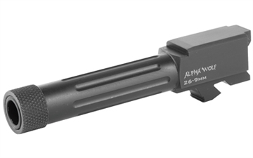 Picture of Lone Wolf Distributors AlphaWolf Barrel, 9MM, Salt Bath Nitride Coated, Threaded/Fluted, 416R Stainless Steel, 1/2x28 TPI, Fits Glock 26, Includes Thread Protector, Made in the USA AW-26TH