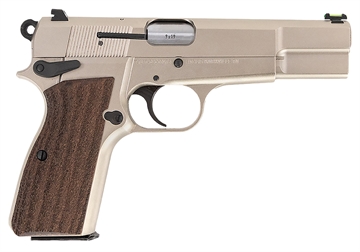 Picture of Inglis Manufacturing P-35, Single Action, Semi-automatic, Metal Frame Pistol, Full Size, 9MM, 4.7" Barrel, Nickel Finish, Silver, Manual Safety, 15 Rounds, 2 Magazines, Fiber Optic Sights 12000001