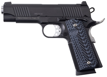 Picture of Magnum Research 1911 C 45 ACP Caliber with 4.33" Bull Barrel, 8+1 Capacity, Overall Matte Black Finish Carbon Steel, Beavertail Frame, Serrated Slide & Black/Gray G10 Grip DE1911C