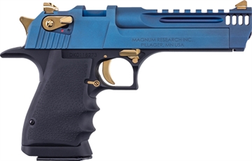 Picture of Magnum Research Desert Eagle L5, Semi-automatic Pistol, 44 Magnum, 5" Barrel, PVD Finish, Carbo Blue Slide, Black Aluminum Frame, Gold Controls, Integrated Muzzle Break, Full Weaver Style Rail, Rubber Grips, 8 Rounds, 1 Magazine DE44L5CBG