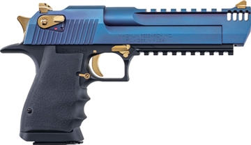 Picture of Magnum Research Desert Eagle L6, Semi-automatic Pistol, 44 Magnum, 6" Barrel, PVD Finish, Carbo Blue Slide, Black Aluminum Frame, Gold Controls, Integrated Muzzle Break, Full Weaver Style Rail, Rubber Grips, 8 Rounds, 1 Magazine DE44L6CBG