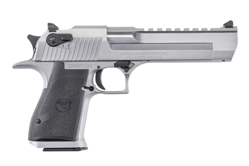 Picture of Magnum Research Desert Eagle Mark XIX 44 Rem Mag Caliber with 6" Picatinny Barrel, 8+1 Capacity, Overall Brushed Chrome Finish Carbon Steel, Beavertail Frame, Serrated Slide & Black Rubber Grip DE44BC