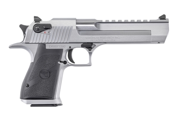 Picture of Magnum Research Desert Eagle Mark XIX 44 Rem Mag Caliber with 6" Picatinny Barrel, 8+1 Capacity, Overall Brushed Chrome Finish Carbon Steel, Beavertail Frame, Serrated Slide & Black Rubber Grip DE44BC