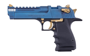Picture of Magnum Research Desert Eagle L5, Semi-automatic Pistol, 50 Action Express, 5" Barrel, PVD Finish, Carbo Blue Slide, Black Aluminum Frame, Gold Controls, Integrated Muzzle Break, Full Weaver Style Rail, Rubber Grips, 7 Rounds, 1 Magazine DE50L5CBG
