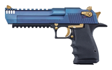 Picture of Magnum Research Desert Eagle L6, Semi-automatic Pistol, 50 Action Express, 6" Barrel, PVD Finish, Carbo Blue Slide, Black Aluminum Frame, Gold Controls, Integrated Muzzle Break, Full Weaver Style Rail, Rubber Grips, 7 Rounds, 1 Magazine DE50L6CBG