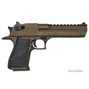 Picture of Magnum Research Desert Eagle, Single Action, Semi-automatic, Metal Frame Pistol, Full Size, 44 Magnum, 6" Barrel, Steel, Burnt Bronze, Rubber Grips, Fixed Sights, Ambidextrous Thumb Safety, 8 Rounds, 1 Magazine, Ambidextrous DE44BB