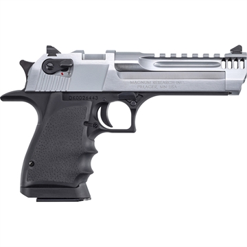 Picture of Magnum Research Desert Eagle, MK19, L5, Single Action, Semi-automatic, Metal Frame Pistol, Full Size, 44 Magnum, 5" Barrel, Aluminum, Brushed Finish, Black and Silver, Rubber Grips, Fixed Sights, Ambidextrous Thumb Safety, 8 Rounds, 1 Magazine, Integral Muzzle Brake, Ambidextrous DE44L5BC