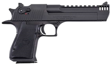 Picture of Magnum Research Desert Eagle, MKXIX, Single Action, Semi-automatic, Metal Frame Pistol, Full Size, 44 Magnum, 6" Barrel, Aluminum, Carbon Steel Slide, Black Oxide Finish, Black, Hogue Grips, Fixed Sights, Ambidextrous Thumb Safety, 8 Rounds, 1 Magazine DE44L6IMB