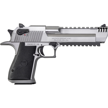 Picture of Magnum Research Desert Eagle, MK19, Single Action, Semi-automatic, Metal Frame Pistol, Full Size, 44 Magnum, 6" Barrel, Stainless Steel, Silver, Plastic Grips, Fixed Sights, Ambidextrous Thumb Safety, 8 Rounds, 1 Magazine, Integral Muzzle Brake, Ambidextrous DE44SRMB
