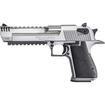 Picture of Magnum Research Desert Eagle, MK19, Single Action, Semi-automatic, Metal Frame Pistol, Full Size, 50 Action Express, 6" Barrel, Stainless Steel, Silver, Plastic Grips, Fixed Sights, Ambidextrous Thumb Safety, 7 Rounds, 1 Magazine, Integral Muzzle Brake, Picatinny Rail, Ambidextrous DE50SRMB