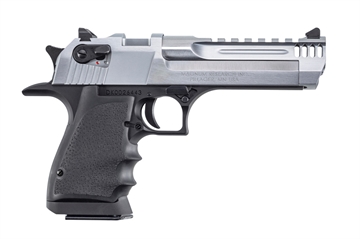 Picture of Magnum Research Desert Eagle, MK19, L5, Single Action, Semi-automatic, Metal Frame Pistol, Full Size, 50 Action Express, 5" Barrel, Aluminum, Brushed Finish, Black and Silver, Rubber Grips, Fixed Sights, Ambidextrous Thumb Safety, 7 Rounds, 1 Magazine, Integral Muzzle Brake, Ambidextrous DE50L5BC