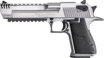 Picture of Magnum Research Desert Eagle, MK19, Single Action, Semi-automatic, Metal Frame Pistol, Full Size, 357 Magnum, 6" Barrel, Stainless Steel, Silver, Plastic Grips, Fixed Sights, Ambidextrous Thumb Safety, 9 Rounds, 1 Magazine, Integral Muzzle Brake, Ambidextrous DE357SRMB
