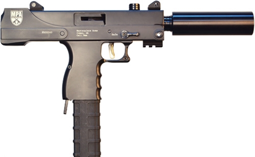 Picture of MasterPiece Arms , Defender, Pistol, Semi-automatic, 9MM, 6" Barrel, Threaded Barrel, Steel, Black, Iron Sights, Safety Extension, 30 Rounds, 1 Magazine, Fake Suppressor included MPA 30T