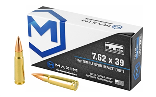 Picture of Maxim Defense Industries SBA Short Barrel Ammunition, 7.62X39, 117 Grain, Solid Copper Bullet, TUI (Tumble Upon Impact) Design, 20 Round Box MXM-49003