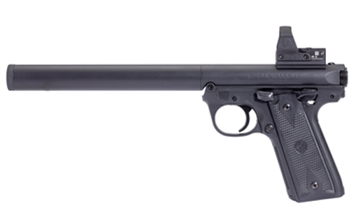 Picture of Maxim Defense Industries RUGER MKIV-SD Integrally Suppressed, Single Action, Semi-automatic, Metal Frame Pistol, Full Size, 22LR, 5.9" Barrel, Alloy, Blued Finish, Checkered Black Synthetic Grips, Leupold Delta Point Pro Red Dot, 10 Rounds, 1 Magazine MXM-48352