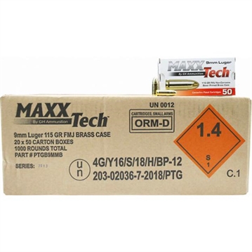 Picture of MaxxTech Handgun Ammunition 9mm Luger 115 gr FMJ 1150 fps 1000/ct (20 Boxes 50/ct) PTGB9MMBC1000