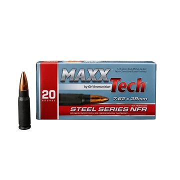 Picture of Maxxtech NFR Steel Case Rifle Ammunition 7.62x39mm 123gr FMJ Boxer Primed 2428 fps 20/ct PTGS762