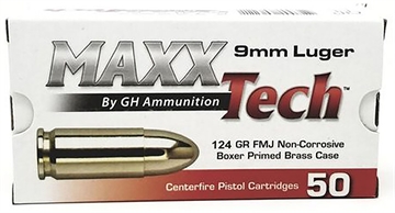 Picture of MaxxTech Brass Pistol 9mmLuger 124gr Full Metal Jacket 50 Per Box/10 Case PTGB912B