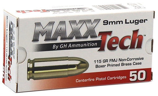Picture of MaxxTech Brass Pistol 9mmLuger 115gr Full Metal Jacket 50 Per Box/10 Case PTGB9MMB