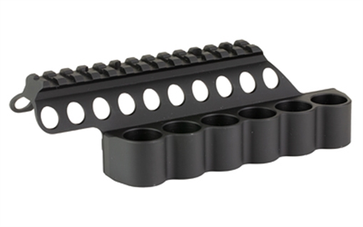 Picture of Mesa Tactical SureShell, 6-Shell Side Saddle with 5 1/2" Rail Fits Beretta 1301 Competition, 12 Gauge, Aluminum, Matte Finish, Black 94210
