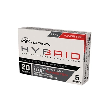 Picture of Migra Hybrid Turkey HD Tungsten/Nickel Plated Lead Stack Shotshells 20ga 3" 1-1/2oz 1100 fps #5 & #9 5/ct T-20HYB5-9