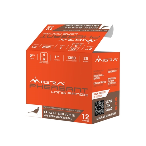 Picture of Migra Pheasant Long Range Shotshells 12ga 2-3/4" 1-1/4oz 1350 fps #4 & #6 25/ct M-12P4-6