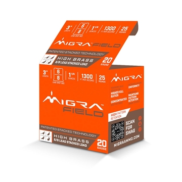 Picture of Migra Ultimate Field Hi-Brass Lead Stacked Shotshells 20ga 3" 1-3/8oz 1300 fps #6 & 8 Shot 25/ct M20UF68