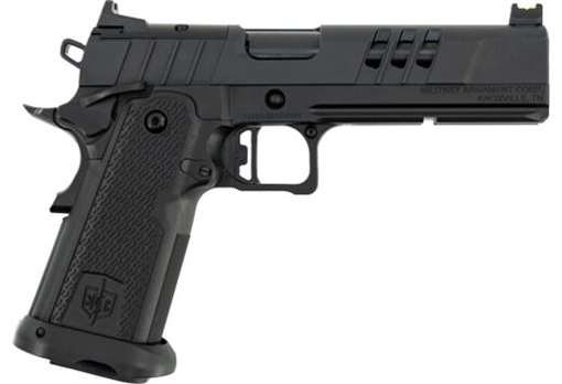 Picture of Military Arms Corporation MAC 9 DS-D, Single Action Only, Semi-automatic, Steel Frame Pistol, Full Size, 9MM, 5" Barrel, QPD Finish, Black, 11 Degree Target Crown, AGENCY AOS Optics Cut, Fiber Optic Front and Low Profile Combat Rear Sights, 17 Rounds, 2 Magazines 12500011