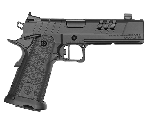 Picture of Military Arms Corporation MAC 9 DS-D, Single Action Only, Semi-automatic, Steel Frame Pistol, Full Size, 9MM, 5" Compensated Barrel, QPD Finish, Black, 11 Degree Target Crown, AGENCY AOS Optics Cut, Blade Front and Adjustable Rear Sights, 17 Rounds, 2 Magazines 12500016