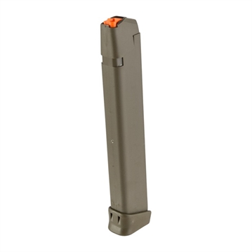 Picture of GLOCK OEM Magazine, 9MM, 33 Rounds, For GLOCK 17/34, Cardboard Style Packaging, Orange Follower, Olive Drab Green 47462