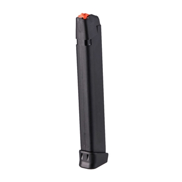 Picture of GLOCK OEM Magazine, 9MM, 33 Rounds, For GLOCK 17/34, Cardboard Style Packaging, Black Body with Orange Follower 65971