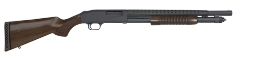 Picture of Mossberg 52151 590 Retrograde 12 Gauge Pump 3" 6+1 18.50" Matte Blued Heat Shield Barrel, Matte Blued Stainless Steel Drilled & Tapped Receiver, Walnut Fixed Stock, Cylinder Bore Choke 52151 GORPLBLK-28