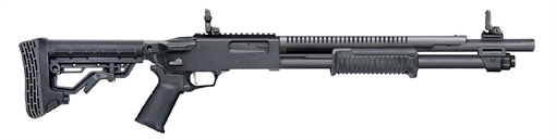 Picture of Mossberg 590R, Pump Action Shotgun, 12 Gauge, 3" Chamber, 18.5" Barrel, Matte Finish, Black, Collapsible Stock, Heat Shield, Top Picatinny Rail, Flip Up Backup Iron Sights, 6 Round 50762