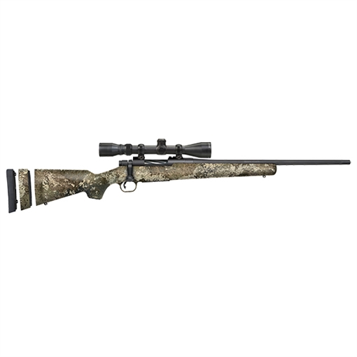 Picture of Mossberg Patriot Super Bantam Bolt Action Rifle, 243 Winchester, 20" Fluted Barrel, Matte Blued Finish, True Timber Strata Camo Synthetic Stock, 3-9x40mm Scope, Adjustable Trigger, 1 Mag, 5Rd 28065